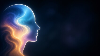 Obraz premium Modern silhouette of human head with glowing liquid colors inside, emotional intelligence and mental thought process concept with copy space