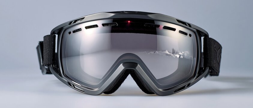 Close up of black ski goggles with reflective lens on light background, winter mountain landscape reflection, protective sports eyewear product shot.