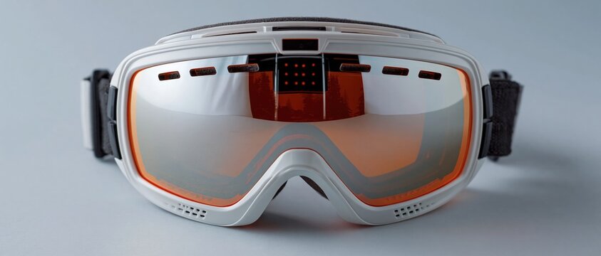 Close up of orange lens ski goggles on light background, winter sports eyewear product shot with copy space for advertising and web banners.