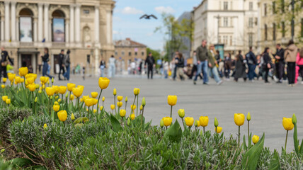 Vibrant yellow tulips bloom in the foreground of a bustling city square © shine.graphics