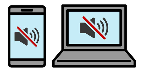 スマホとパソコンのミュートアイコン 音声オフと消音を表すシンプルデザイン素材　Mute Icon on Smartphone and Laptop Audio Off Silent Mode Symbol Design  © ochikosan