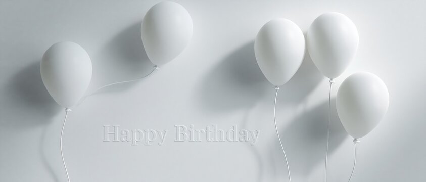 White balloons on light background with Happy Birthday text and wide copy space for greeting card, banner, or minimalist celebration design.