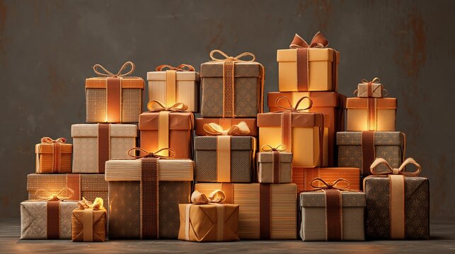 Warm glowing stack of luxury gift boxes with ribbons on dark background, festive holiday presents arranged in rows, perfect for seasonal banners and ads.