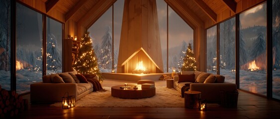Naklejka premium Cozy Christmas living room with fireplace and snowy forest view through large windows, warm lights and festive decor creating winter holiday atmosphere.