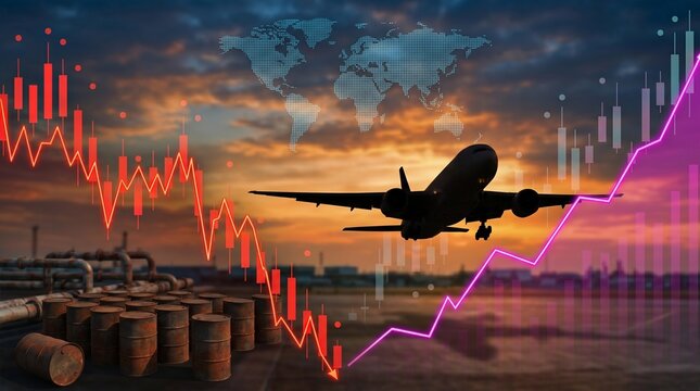 Global aviation and energy market crisis concept with airplane silhouette, falling red stock market charts and oil barrels over sunset sky background.