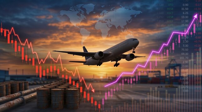 Airplane taking off with global stock market charts and oil barrels. Logistics, world trade, and fuel price economy concept. Business growth and aviation industry trends.