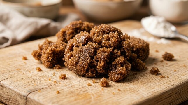 Brown Sugar: A close-up shot presents textured dark brown sugar, nestled on a rustic wooden cutting board, with additional ingredients blurred softly in the backdrop.