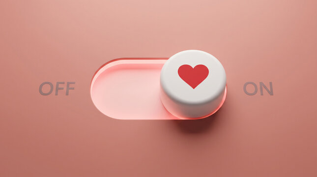 A 3D-rendered toggle switch in ON position with a glowing red heart icon on a warm blush-pink surface representing employee engagement.