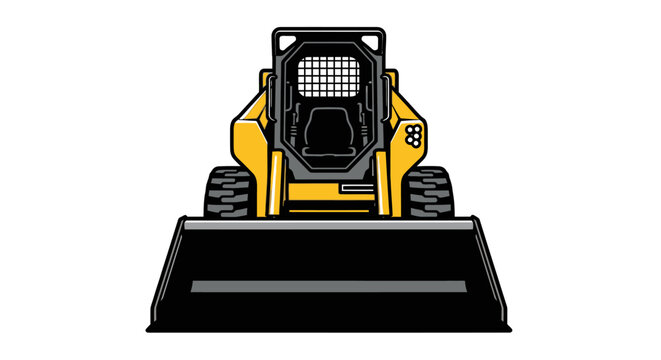 Front view of yellow skid steer loader on white background