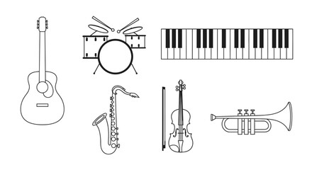 Fototapeta premium Musical instruments collection guitar drums piano saxophone violin trumpet
