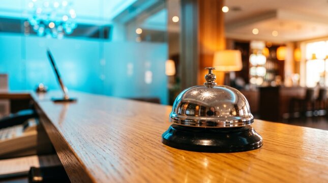 Hotel reception desk with service bell and blurred lobby background. Luxury hospitality and tourism business concept. Front desk in modern boutique hotel or restaurant bar for check in.
