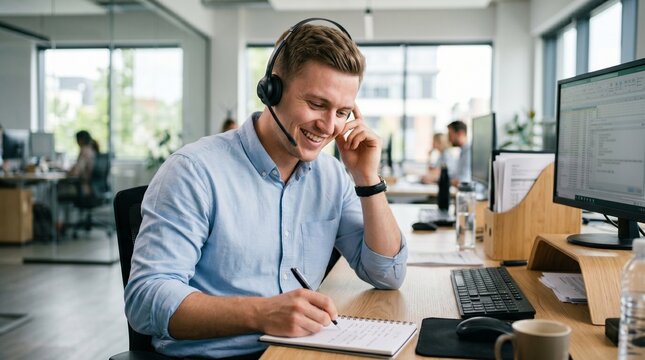 Happy young male customer support agent with headset writing notes at office desk, telemarketing consultant and remote work communication