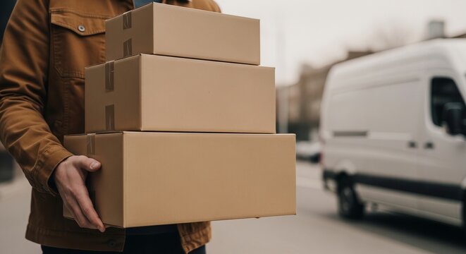 Person carrying a stack of cardboard delivery boxes, recipient receiving parcel from courier service