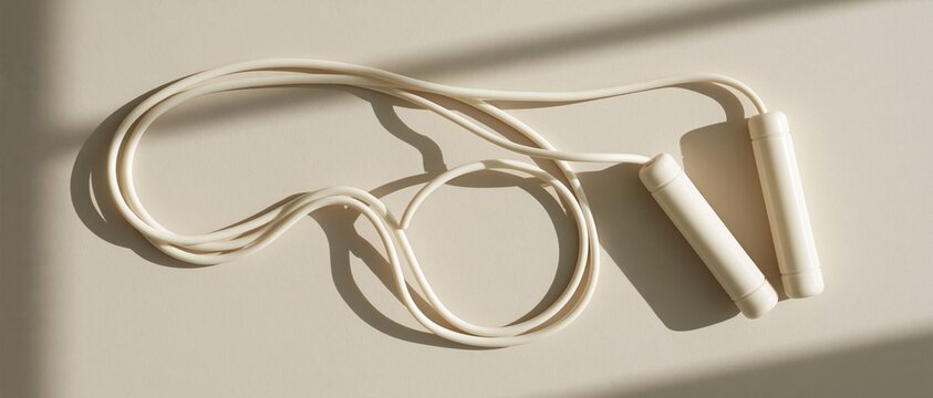 Minimalist beige jump rope flat lay on neutral background with soft shadows and copy space for fitness branding and wellness advertising concepts.