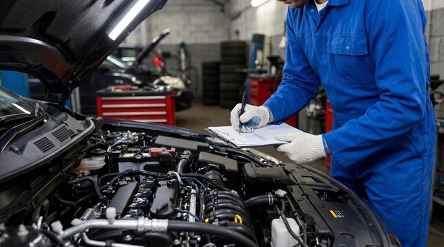 Auto mechanic in blue uniform checking car engine and writing on clipboard in service station. Vehicle diagnostic, professional maintenance and automobile inspection report concept.