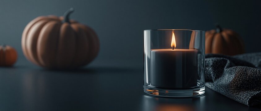Burning candle in glass with pumpkins on dark background, moody autumn Halloween decoration with copy space for seasonal banner or advertising design.