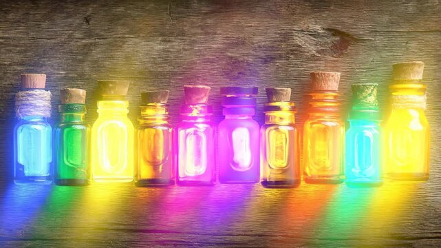 Essential oil bottles aromatherapy collection on rustic wooden background