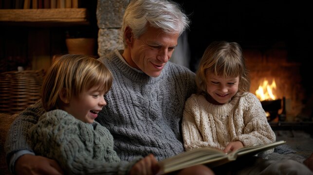 Silver-haired grandfather reading storybook to giggling grandchildren by the fireplace