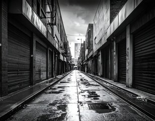 Fototapeta premium Monochrome Alleyway Perspective - A Study in Urban Decay and Reflection.