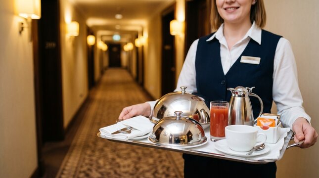 Professional hotel waitress holding tray with breakfast and silver domes in hallway, room service in luxury resort, hospitable staff providing high quality service for tourism concept