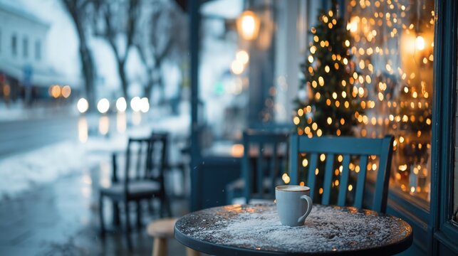 Hot coffee on snowy cafe table at night with Christmas lights and cozy winter street in soft focus, perfect for holiday advertising and seasonal promotions.
