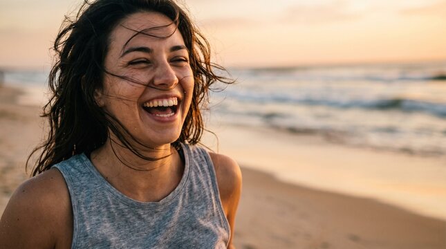 Close up of cheerful brunette woman laughing on beach at sunset. Authentic emotion, summer vacation, happiness, and coastal lifestyle. Natural beauty and joy during golden hour.
