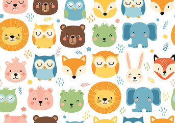 Obraz premium Cute wildlife pattern with foxes, rabbits, bears, and owls in harmonious layout