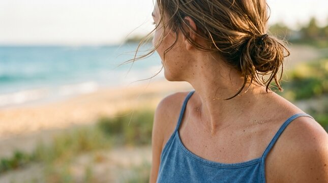 Young woman looking at sea on beach at sunset, calm mindful girl enjoying ocean breeze, freedom and travel concept, summer vacation wellness, peaceful moment in nature, back view