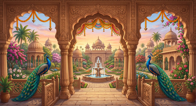 Royal Indian Palace Garden with Peacock, Ornate Mughal Archway, Regal Indian Wedding Invitation Frame