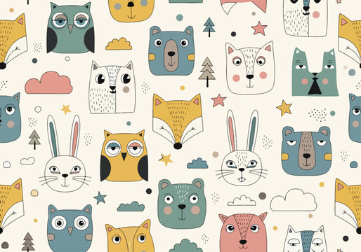 Minimal cute animal faces pattern perfect for modern nursery aesthetics