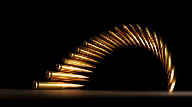 parabolic. Golden bullet casings ejected in a parabolic arc against a dark background. product launch decks, UI/UX mockups, designed for product launches and innovation pitches.
