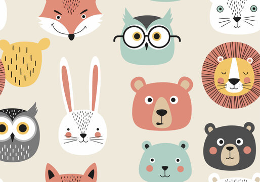 Sweet and friendly animal face pattern designed for nursery and baby items