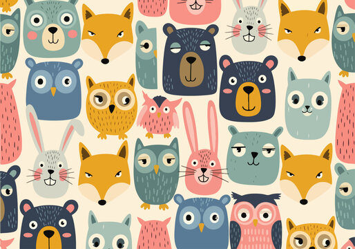 Fun animal faces arranged in seamless pattern for kids themed products