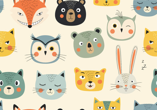 Whimsical animal faces pattern ideal for baby rooms and playful designs