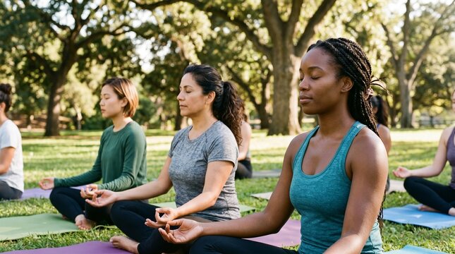 Group of multiethnic women practicing meditation in park. Diverse females sitting in lotus pose on yoga mats. Mental health, wellness and mindfulness community class outdoors.