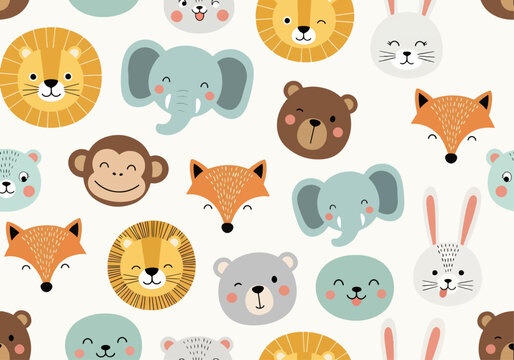 Modern children&rsquo;s pattern with simple animal characters and pastel tones
