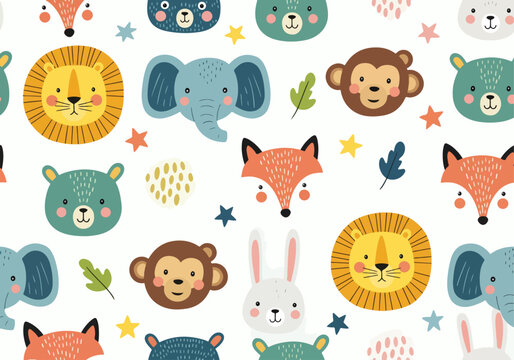 Gentle and cheerful animal pattern with repeating cute faces and soft palette