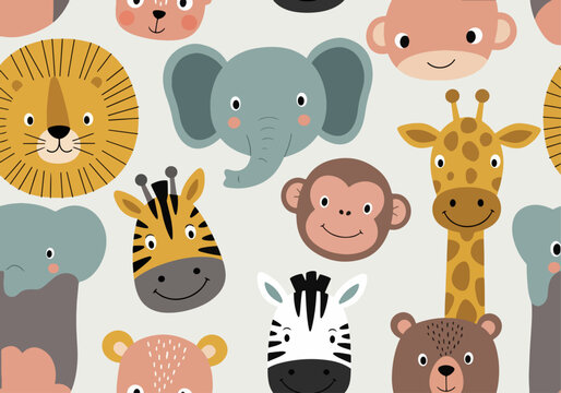 Playful cartoon animal faces in seamless pattern for children&rsquo;s textiles and prints