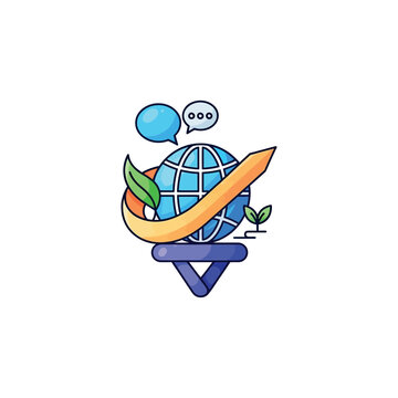 Globe with speech bubbles and leaves.