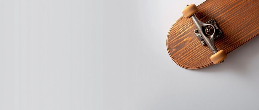 Wooden skateboard top view on light background with copy space for sport lifestyle banner or advertising design.