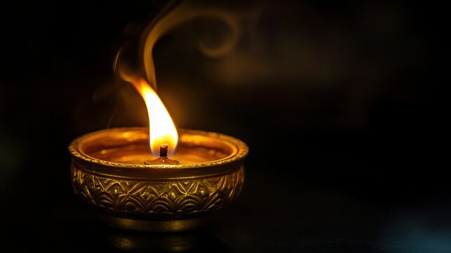 diya. A traditional brass oil lamp glowing warmly, reflecting intricate patterns and creating a festive atmosphere. event programs.