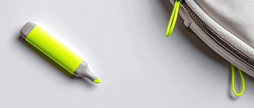 Yellow highlighter pen and white pencil case on light background with copy space for school or office banner design.