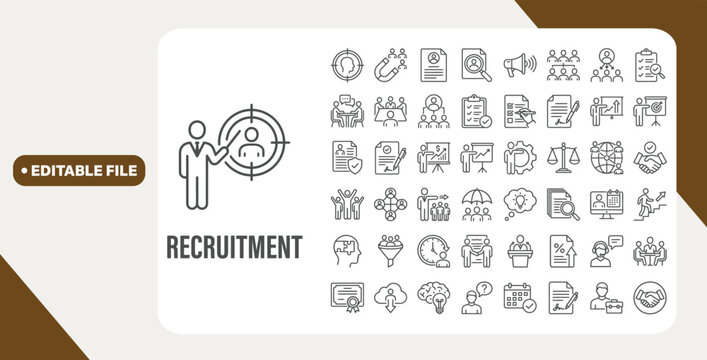 Recruitment web icons in line style. Headhunting, career, resume, work group, candidate, job hiring, collection. Editable stroke. Vector illustration.
