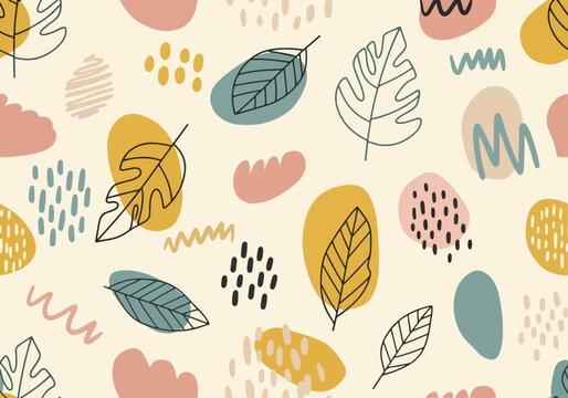Whimsical nature pattern combining abstract leaves, dots, and organic shapes in soft colors