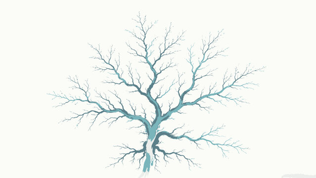 Minimalist Watercolor Ink Illustration of a Bare Blue-Branched Tree Against Soft Plain White Background, Abstract Art Piece Evoking Calm Contemplation