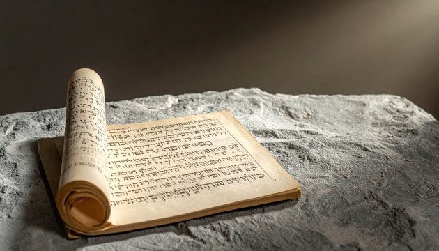 An aged, open ancient Hebrew manuscript page with meticulous script lies flat on a textured stone surface, inviting historical study.