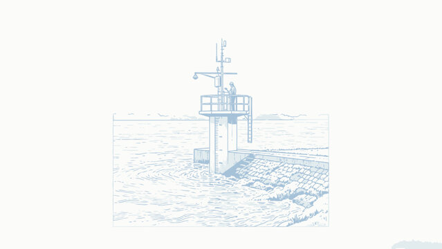 Blue Line Drawing of a Hydrologic Observation Worker Recording Water Level Data at a Riverfront Monitoring Station on Open Water