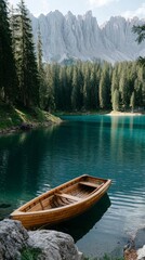 Obraz premium A wooden boat rests gently on calm, turquoise waters beneath towering mountains and dense forests. The peaceful scene invites reflection and connection with nature
