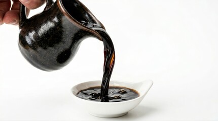 Fototapeta premium Rich Dark Pour: A hand carefully pours a stream of rich, dark liquid from a ceramic jug into a pristine bowl.
