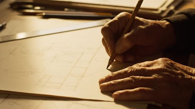 Close-up of artist's hands sketching architectural design with pencil on paper